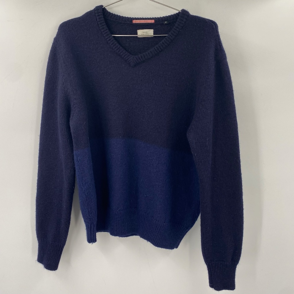 Apolis Global Citizen Men's Color Block V Neck Wool Knit Sweater Blue Size Med